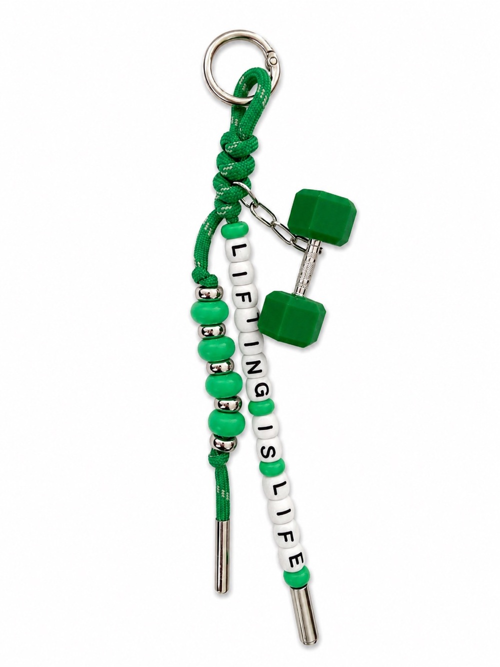 Green Dumbbell Bead Keychain with 'LIFTING IS LIFE' Letter Beads